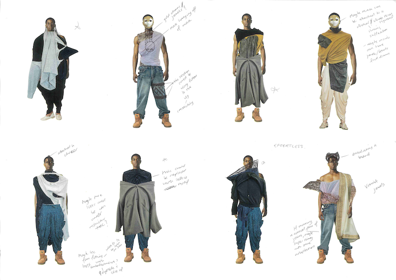A collection of eight menswear designs titled Violent Catharsis by Zeshaan Iqbal