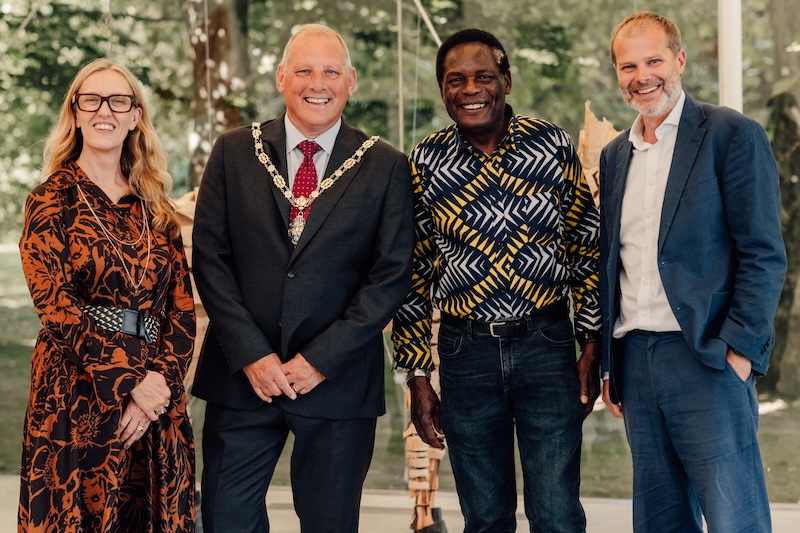 l-r: Melanie Gray, Joint Acting Vice-Chancellor, the Farnham Mayor, Councillor Brodie Mauluka and Mark Ellul, Joint Acting Vice-Chancellor. UCA Farnham Grad Show 2025